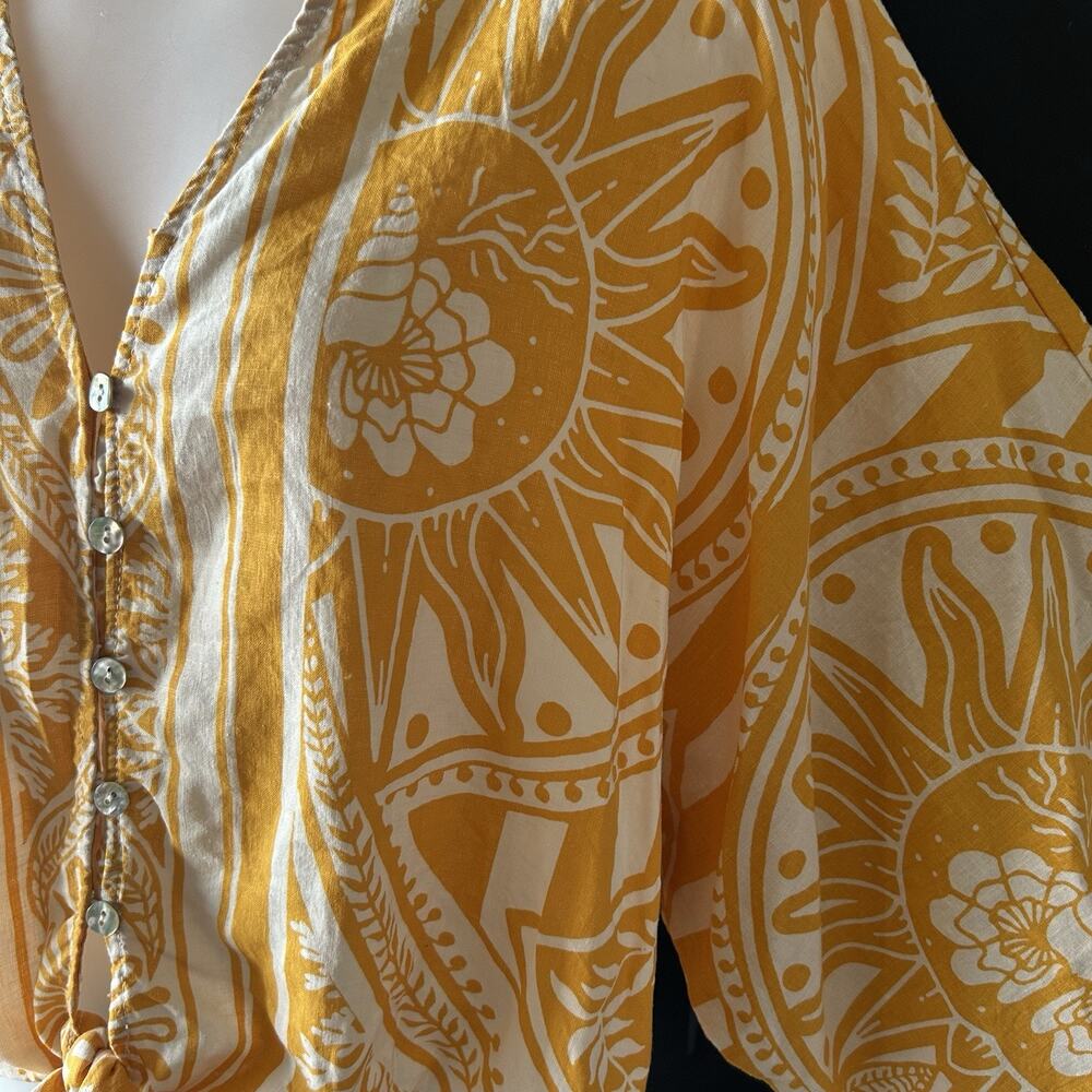 C&C California Linen Cropped Tie Front Blouse Womens Large Yellow Boho Summer - Picture 7 of 13